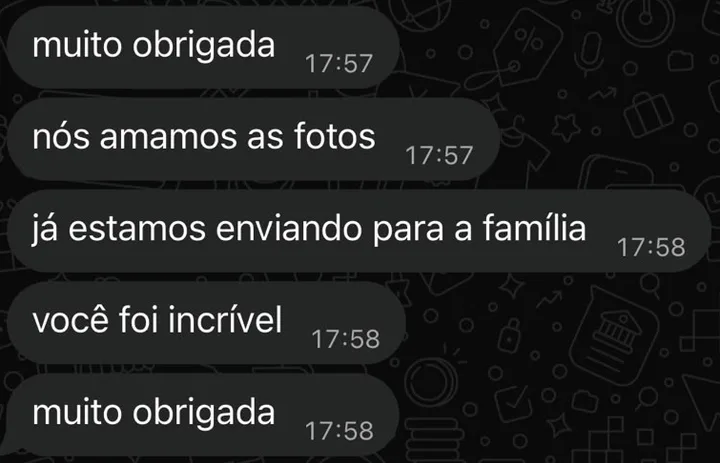 Mensagem de noiva: Muito obrigada. Nós amamos as fotos, já estamos enviando para a família. Você foi incrível, muito obrigada.